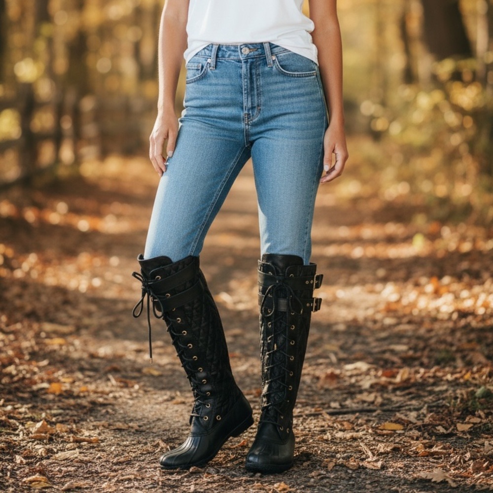 Sperry Top-Sider Black Drizzle Duck Boots Women’s 8, Quilted Knee-High Rain Boot